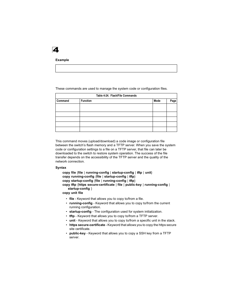 Flash/file commands, Copy, Table 4-24 | E (4-62) | Alcatel Carrier Internetworking Solutions OmniStack 6300-24 User Manual | Page 274 / 462
