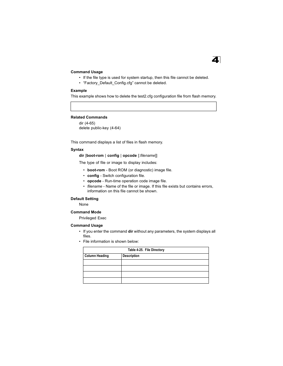 Dir 4-65, Table 4-25, File directory | Alcatel Carrier Internetworking Solutions OmniStack 6300-24 User Manual | Page 277 / 462