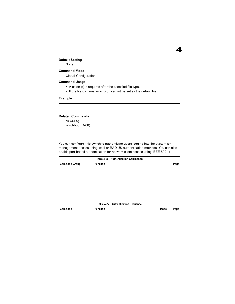 Authentication commands, Authentication sequence, Table 4-26 | Table 4-27 | Alcatel Carrier Internetworking Solutions OmniStack 6300-24 User Manual | Page 279 / 462