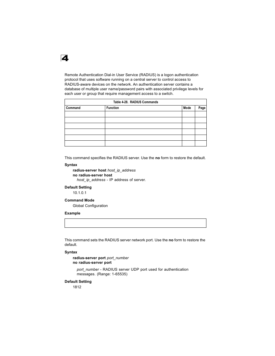 Radius client, Radius-server host, Radius-server port | Table 4-28, Radius commands | Alcatel Carrier Internetworking Solutions OmniStack 6300-24 User Manual | Page 282 / 462