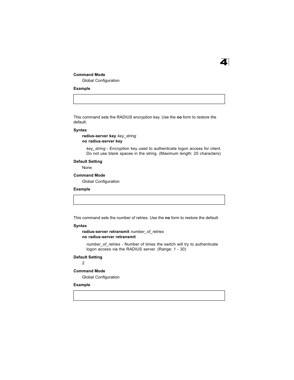 Radius-server key, Radius-server retransmit | Alcatel Carrier Internetworking Solutions OmniStack 6300-24 User Manual | Page 283 / 462