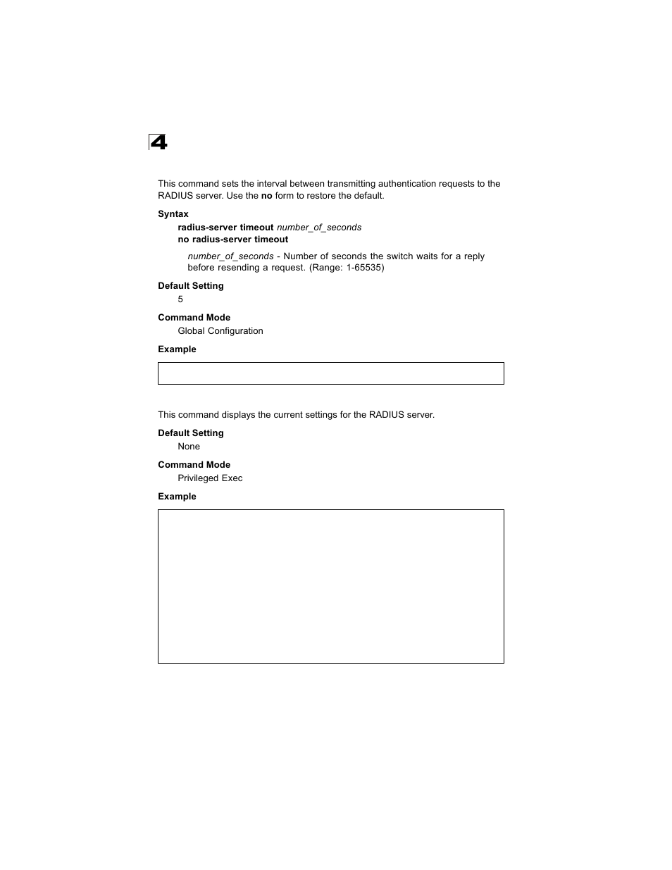 Radius-server timeout, Show radius-server | Alcatel Carrier Internetworking Solutions OmniStack 6300-24 User Manual | Page 284 / 462