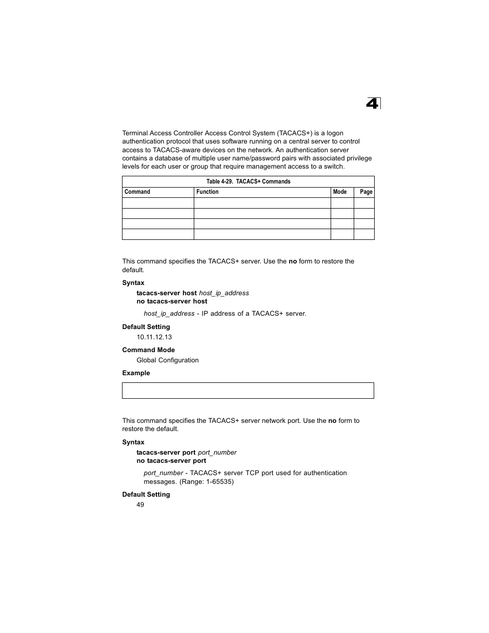 Tacacs+ client, Tacacs-server host, Tacacs-server port | Table 4-29, Tacacs+ commands | Alcatel Carrier Internetworking Solutions OmniStack 6300-24 User Manual | Page 285 / 462