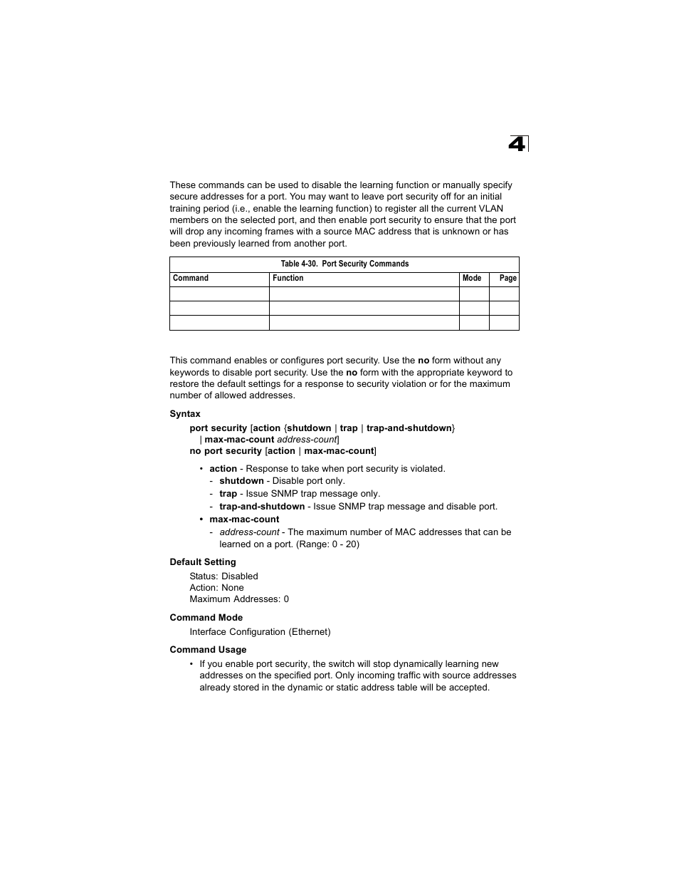 Port security commands, Port security, Table 4-30 | Alcatel Carrier Internetworking Solutions OmniStack 6300-24 User Manual | Page 287 / 462