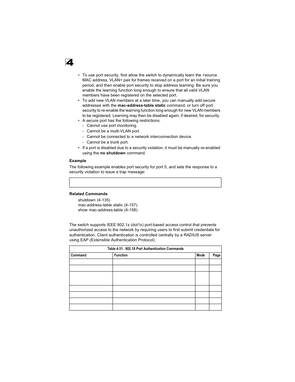 1x port authentication, Table 4-31, 1x port authentication commands | Alcatel Carrier Internetworking Solutions OmniStack 6300-24 User Manual | Page 288 / 462