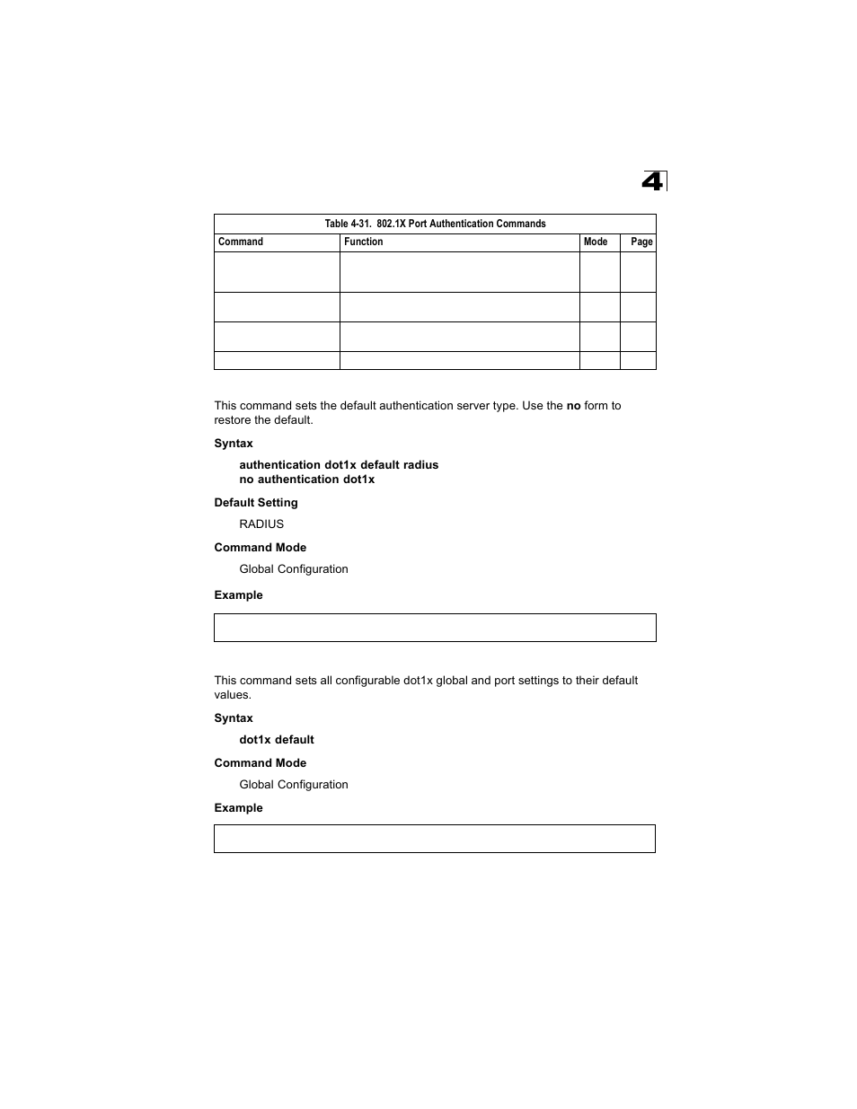 Authentication dot1x default, Dot1x default | Alcatel Carrier Internetworking Solutions OmniStack 6300-24 User Manual | Page 289 / 462
