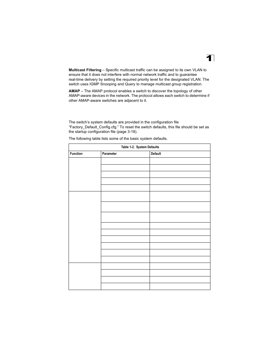 System defaults, Table 1-2 | Alcatel Carrier Internetworking Solutions OmniStack 6300-24 User Manual | Page 29 / 462