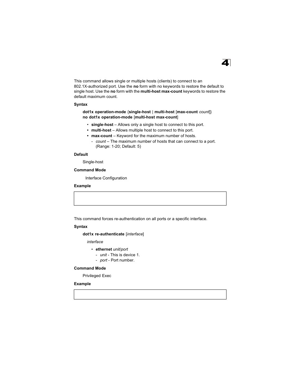 Dot1x operation-mode, Dot1x re-authenticate | Alcatel Carrier Internetworking Solutions OmniStack 6300-24 User Manual | Page 291 / 462