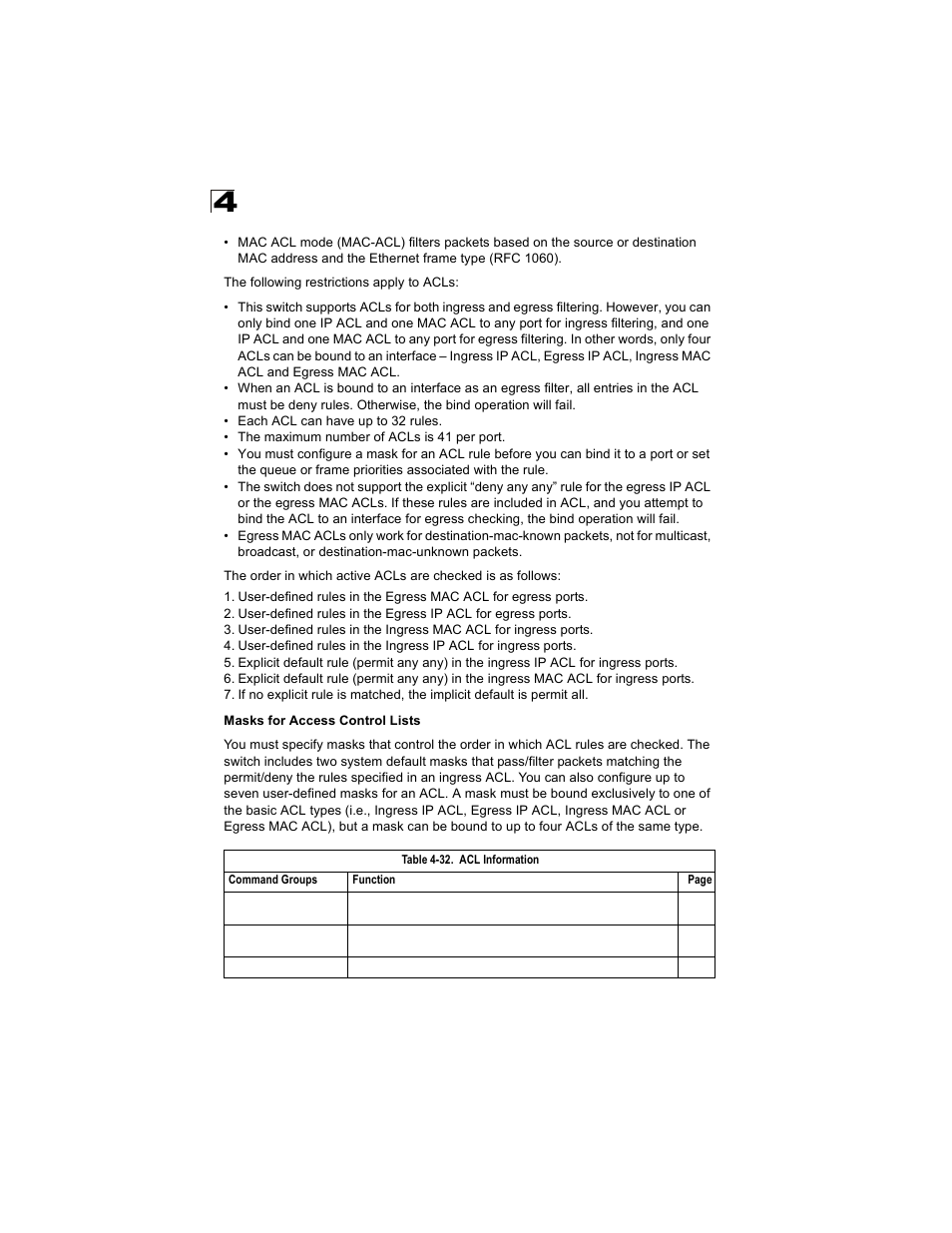 Table 4-32, Acl information | Alcatel Carrier Internetworking Solutions OmniStack 6300-24 User Manual | Page 296 / 462