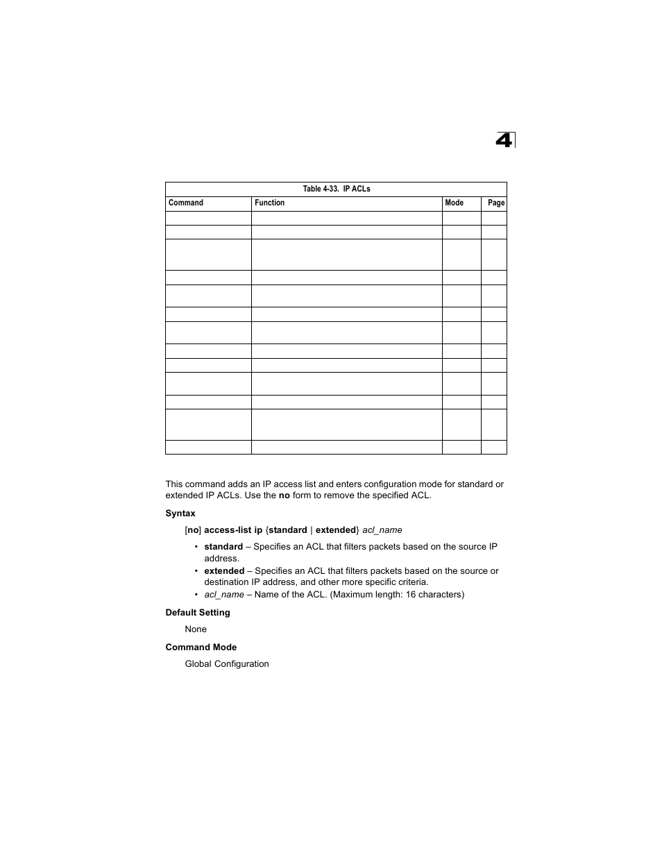 Ip acls, Access-list ip, Table 4-33 | Alcatel Carrier Internetworking Solutions OmniStack 6300-24 User Manual | Page 297 / 462