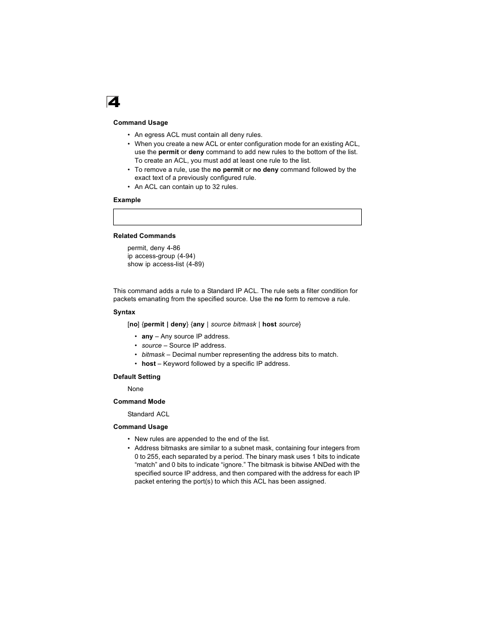 Permit, deny (standard acl) | Alcatel Carrier Internetworking Solutions OmniStack 6300-24 User Manual | Page 298 / 462