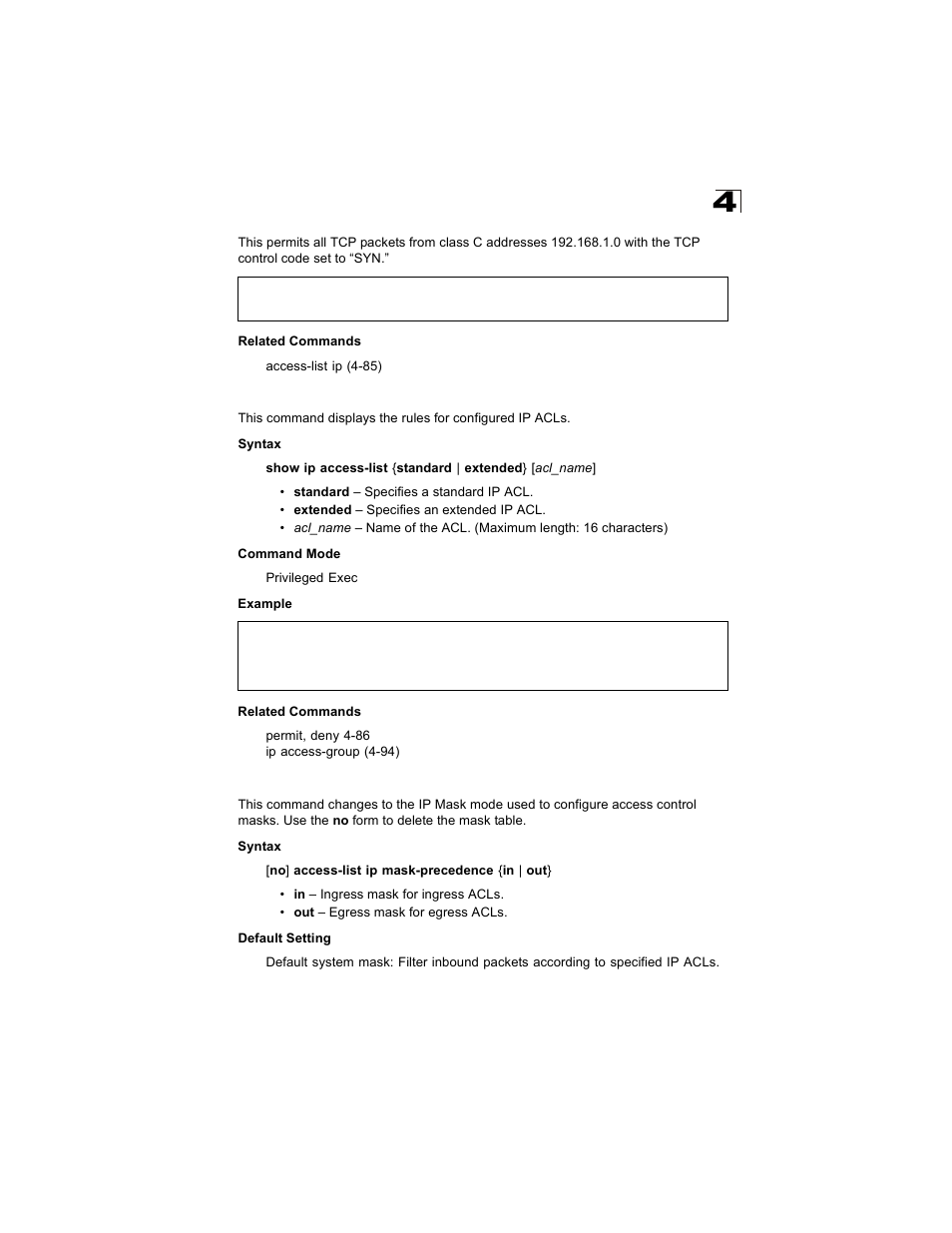 Show ip access-list, Access-list ip mask-precedence | Alcatel Carrier Internetworking Solutions OmniStack 6300-24 User Manual | Page 301 / 462