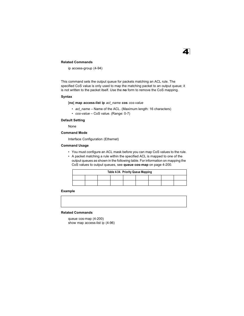 Map access-list ip, Table 4-34, Priority queue mapping | Alcatel Carrier Internetworking Solutions OmniStack 6300-24 User Manual | Page 307 / 462