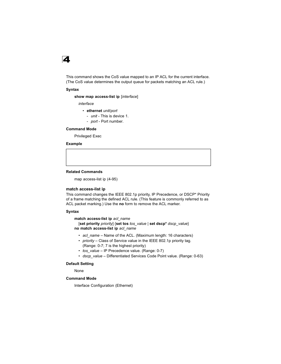 Show map access-list ip, Match access-list ip, Show map access-list ip (4-96) | Alcatel Carrier Internetworking Solutions OmniStack 6300-24 User Manual | Page 308 / 462