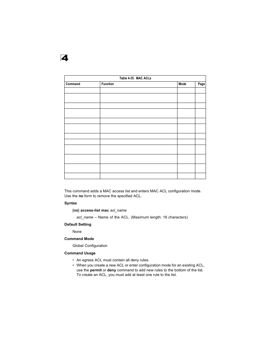 Mac acls, Access-list mac, Table 4-35 | Alcatel Carrier Internetworking Solutions OmniStack 6300-24 User Manual | Page 310 / 462
