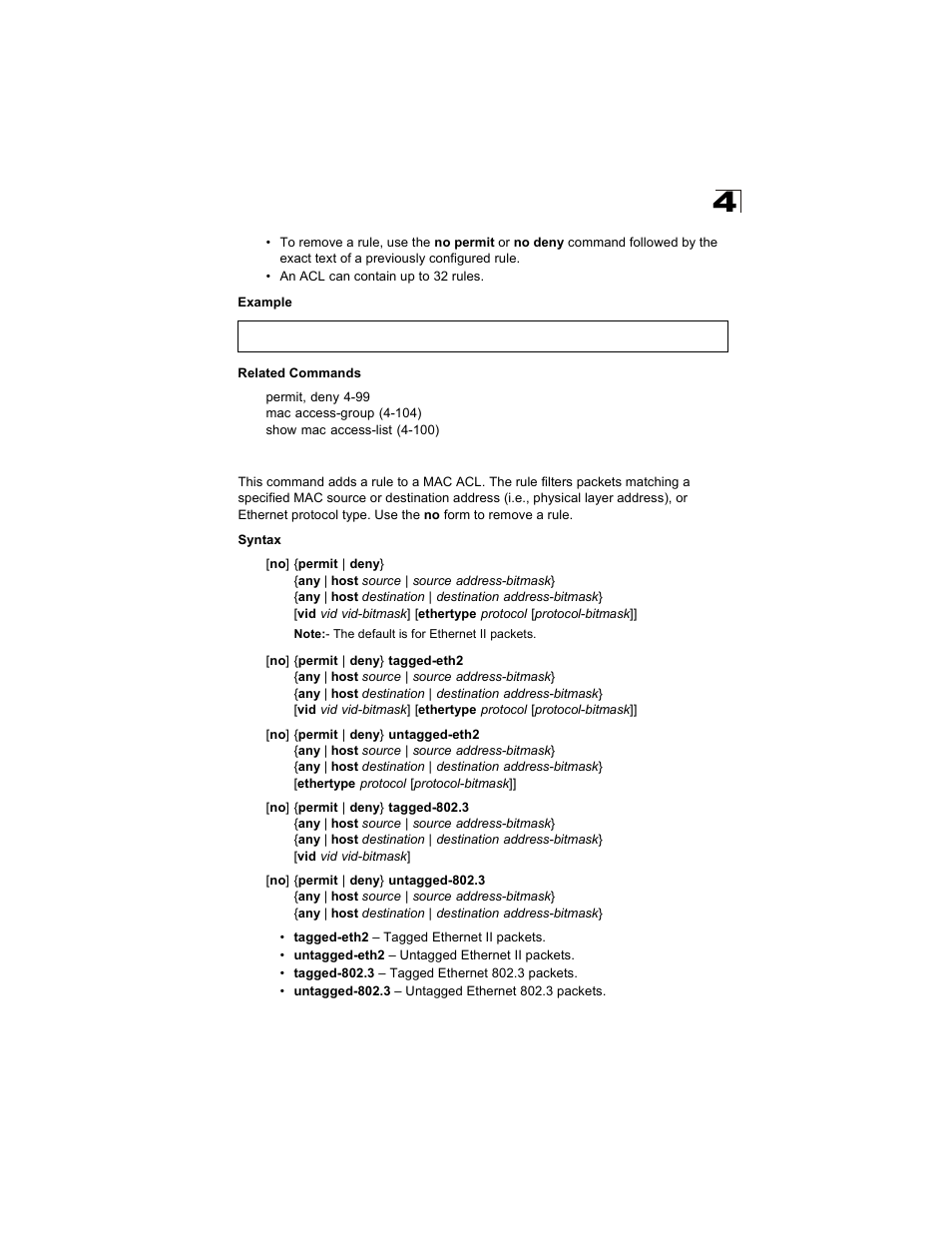 Permit, deny (mac acl) | Alcatel Carrier Internetworking Solutions OmniStack 6300-24 User Manual | Page 311 / 462