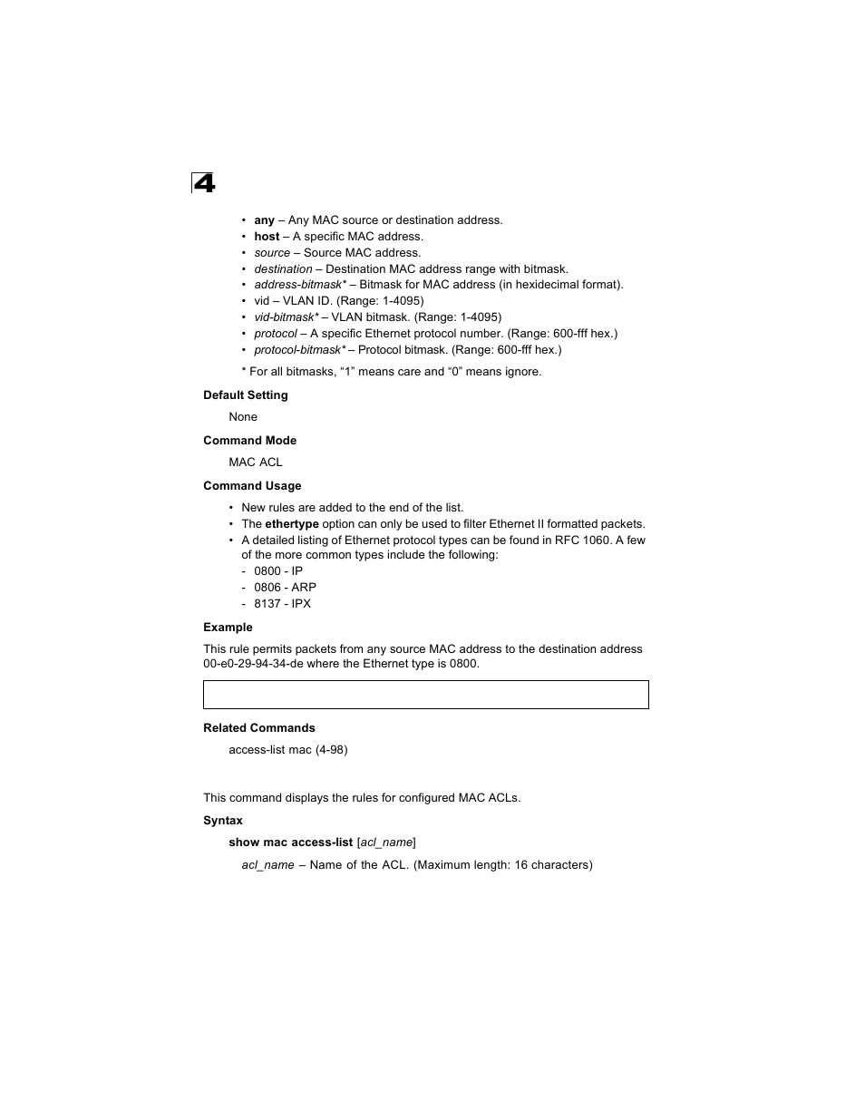 Show mac access-list | Alcatel Carrier Internetworking Solutions OmniStack 6300-24 User Manual | Page 312 / 462