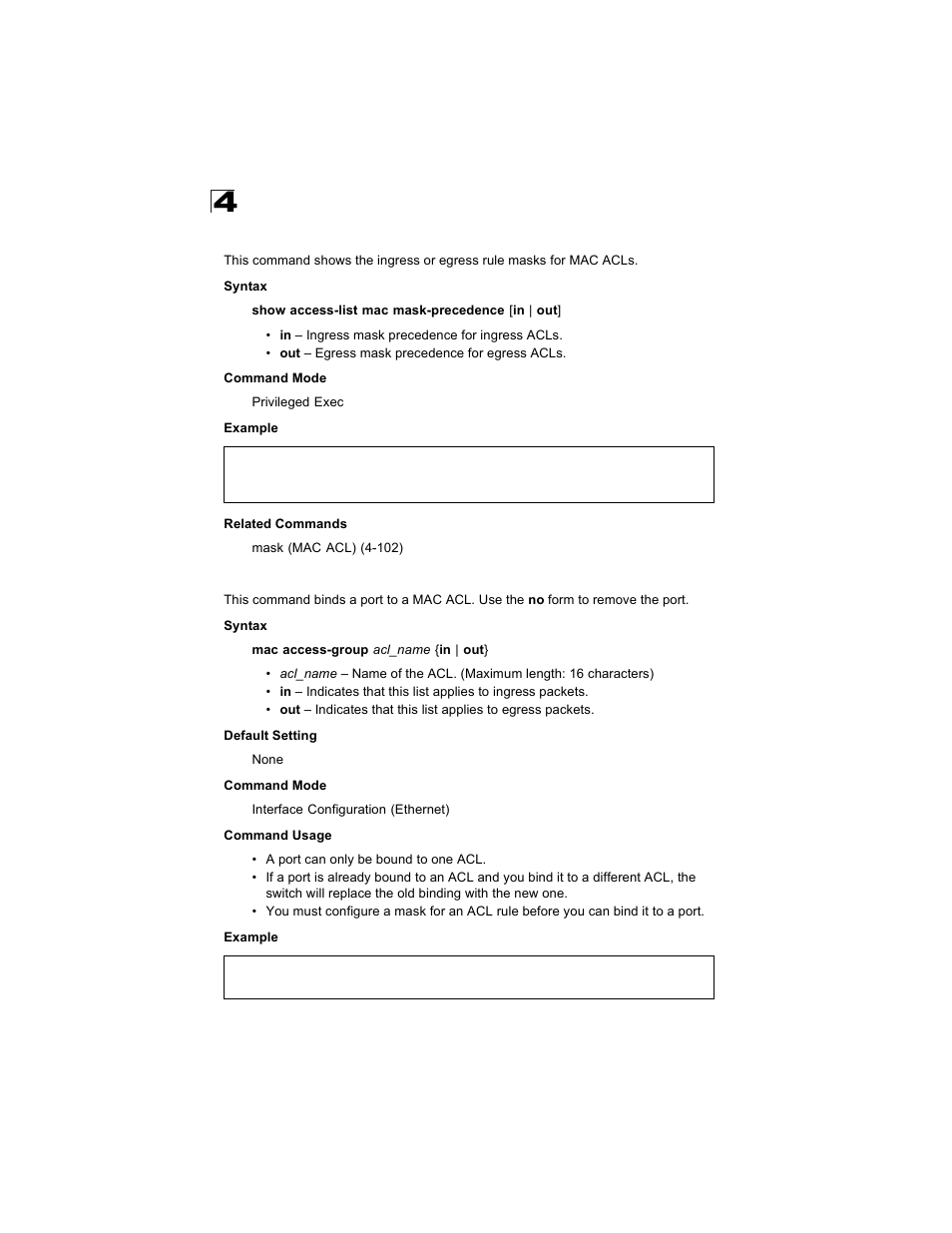 Show access-list mac mask-precedence, Mac access-group, Mac access-group (4-104) | Alcatel Carrier Internetworking Solutions OmniStack 6300-24 User Manual | Page 316 / 462