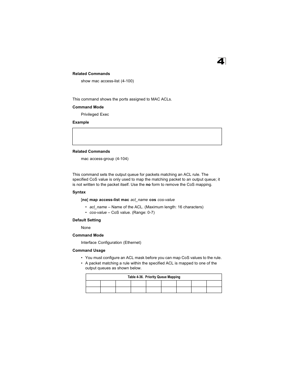 Show mac access-group, Map access-list mac, Table 4-36 | Priority queue mapping | Alcatel Carrier Internetworking Solutions OmniStack 6300-24 User Manual | Page 317 / 462