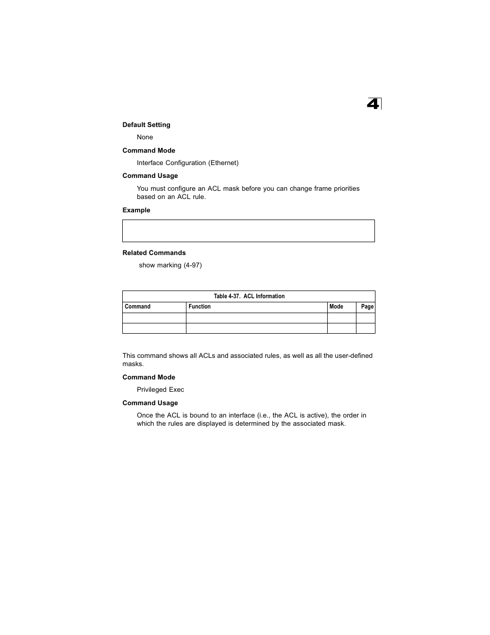 Acl information, Show access-list, Table 4-37 | Alcatel Carrier Internetworking Solutions OmniStack 6300-24 User Manual | Page 319 / 462