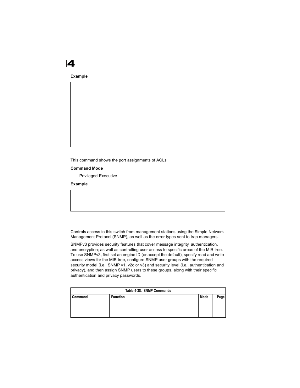 Show access-group, Snmp commands, Table 4-38 | Alcatel Carrier Internetworking Solutions OmniStack 6300-24 User Manual | Page 320 / 462