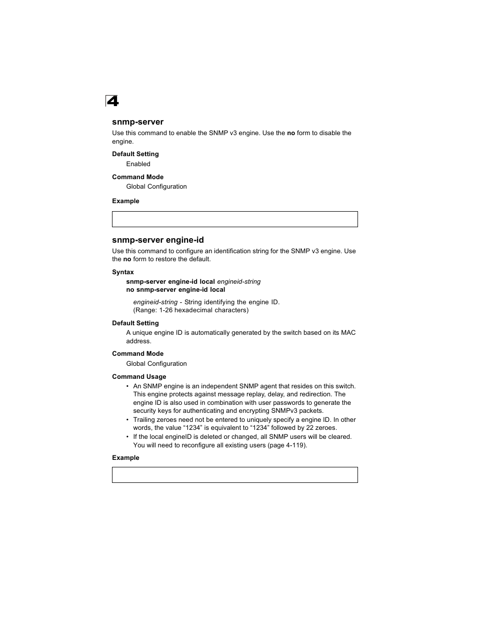 Snmp-server, Snmp-server engine-id, Snmp-server 4-114 snmp-server engine-id | Alcatel Carrier Internetworking Solutions OmniStack 6300-24 User Manual | Page 326 / 462