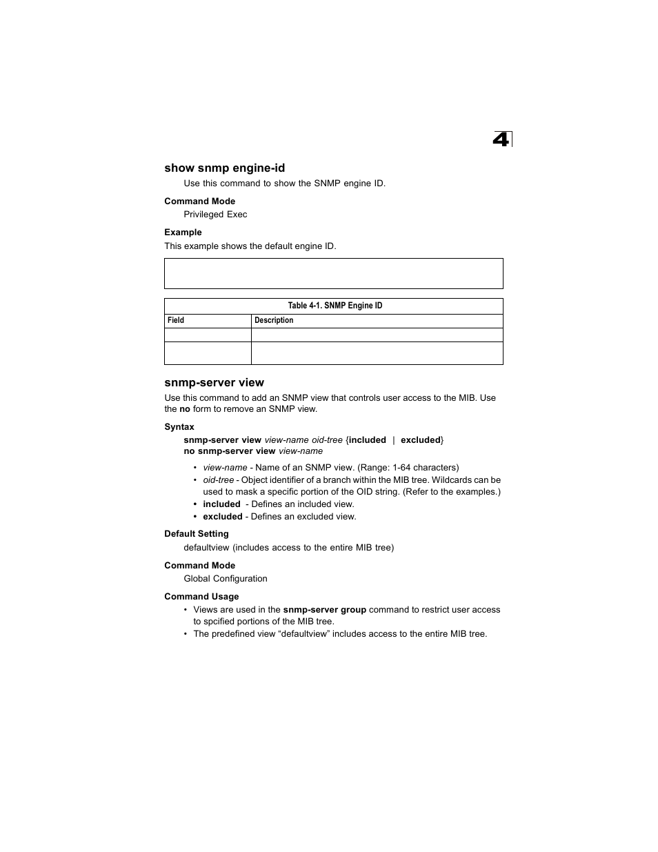 Show snmp engine-id, Snmp-server view, Table 4-1 | Snmp engine id | Alcatel Carrier Internetworking Solutions OmniStack 6300-24 User Manual | Page 327 / 462