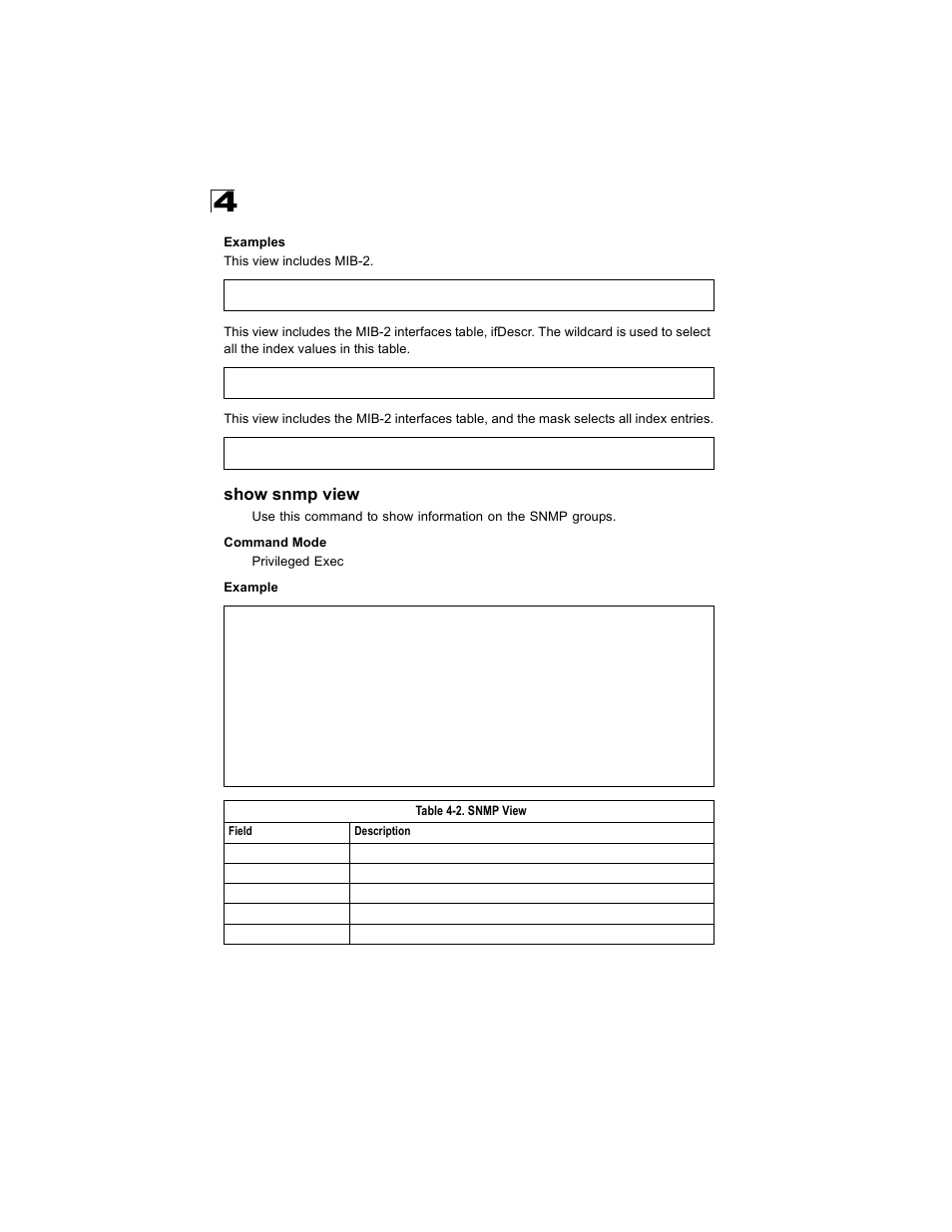 Show snmp view, Table 4-2, Snmp view | Alcatel Carrier Internetworking Solutions OmniStack 6300-24 User Manual | Page 328 / 462