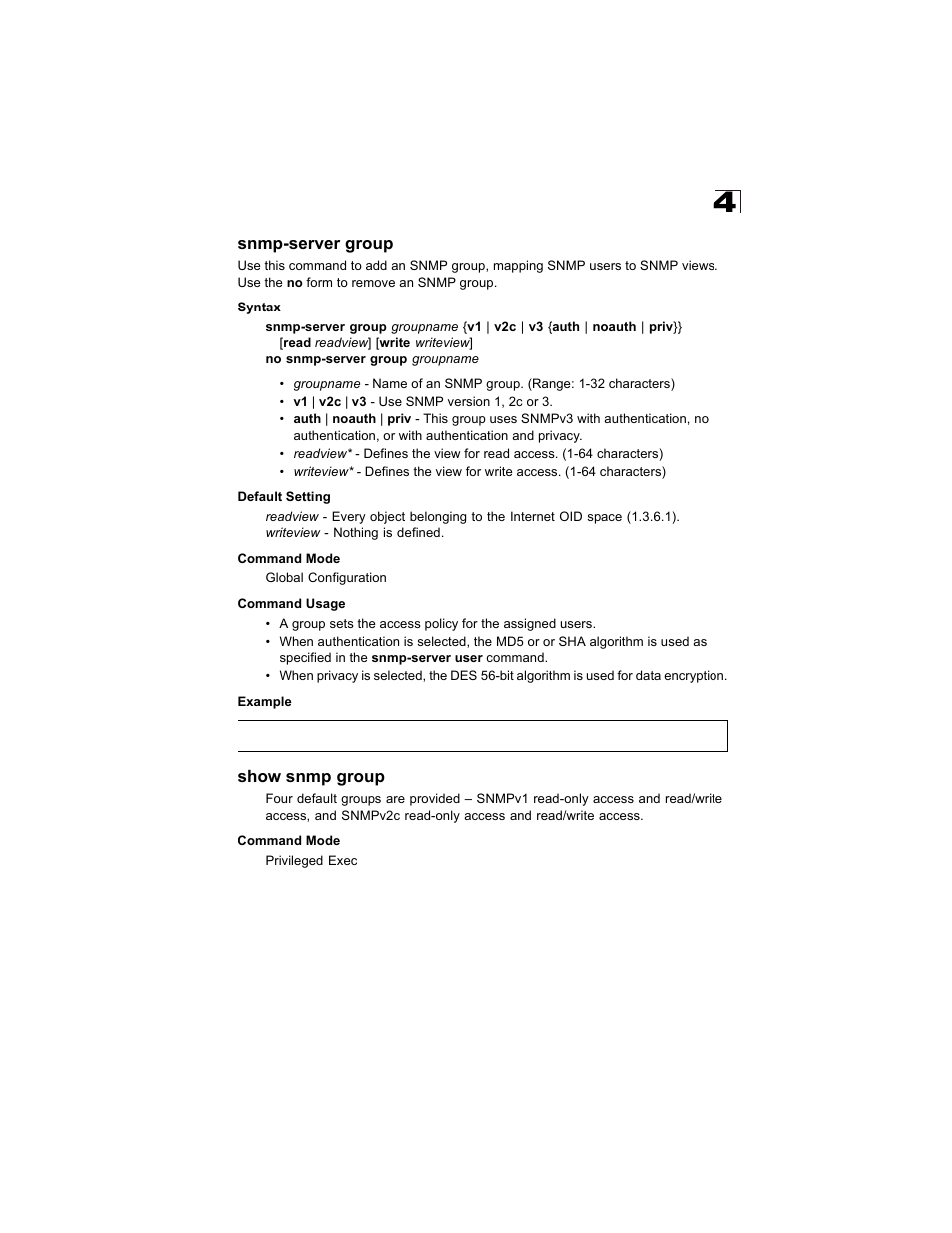 Snmp-server group, Show snmp group | Alcatel Carrier Internetworking Solutions OmniStack 6300-24 User Manual | Page 329 / 462