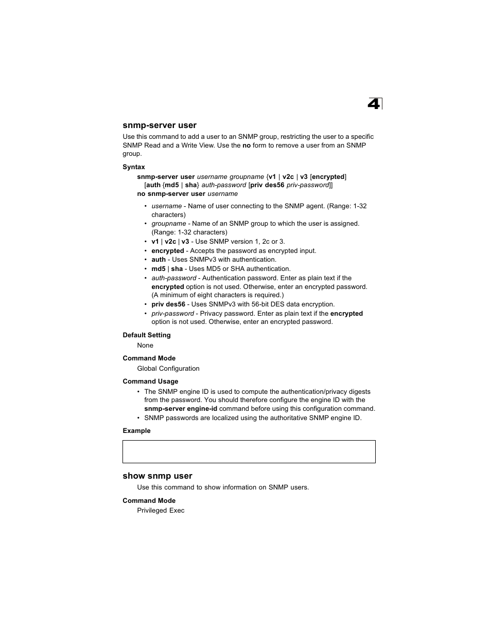 Snmp-server user, Show snmp user | Alcatel Carrier Internetworking Solutions OmniStack 6300-24 User Manual | Page 331 / 462