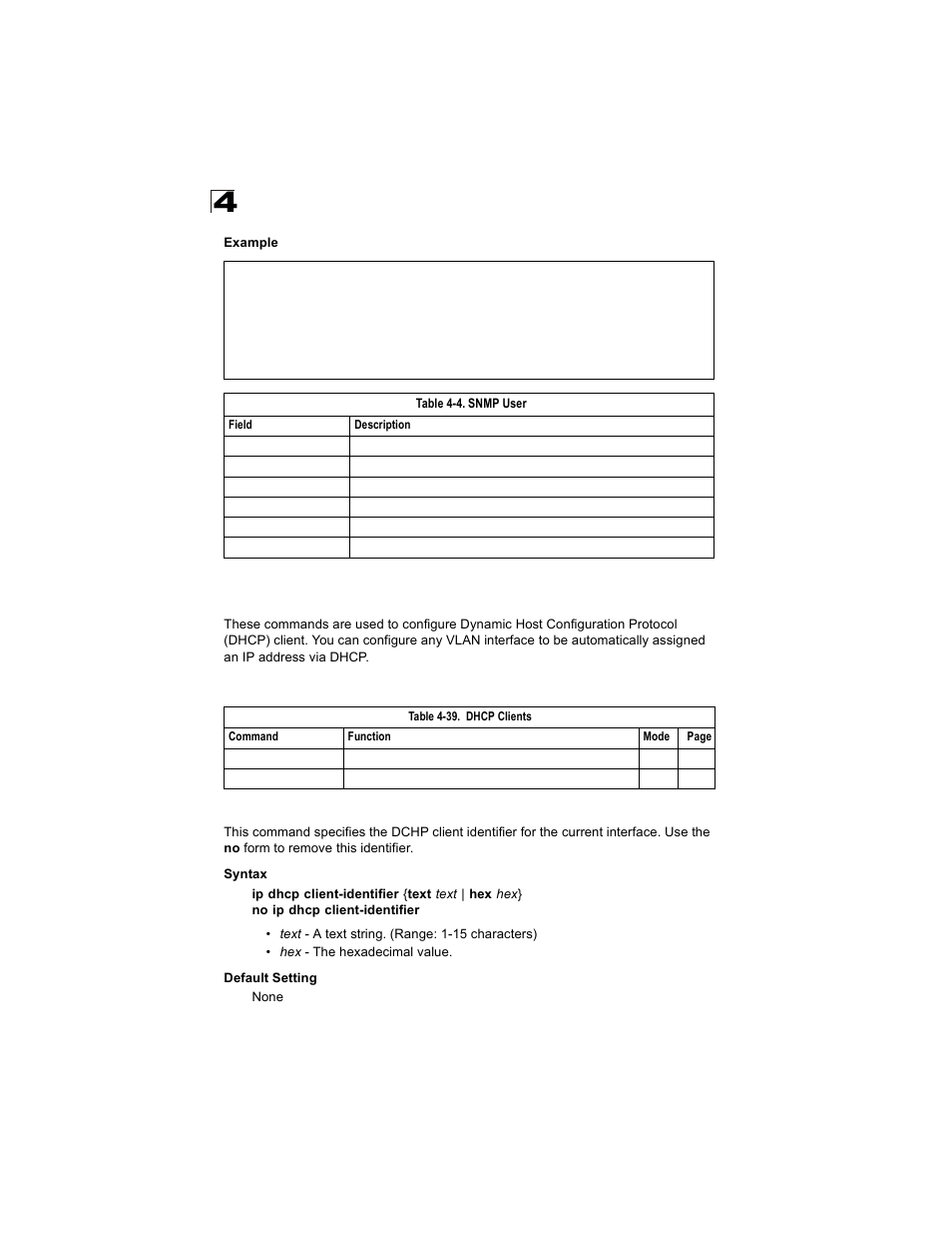 Dhcp commands, Dhcp client, Ip dhcp client-identifier | Table 4-4, Snmp user, Table 4-39, Dhcp clients | Alcatel Carrier Internetworking Solutions OmniStack 6300-24 User Manual | Page 332 / 462