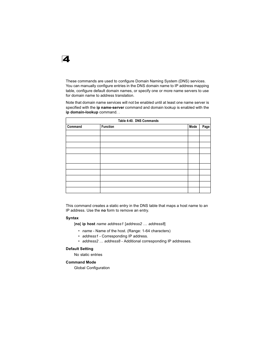 Dns commands, Ip host, Table 4-40 | Alcatel Carrier Internetworking Solutions OmniStack 6300-24 User Manual | Page 334 / 462