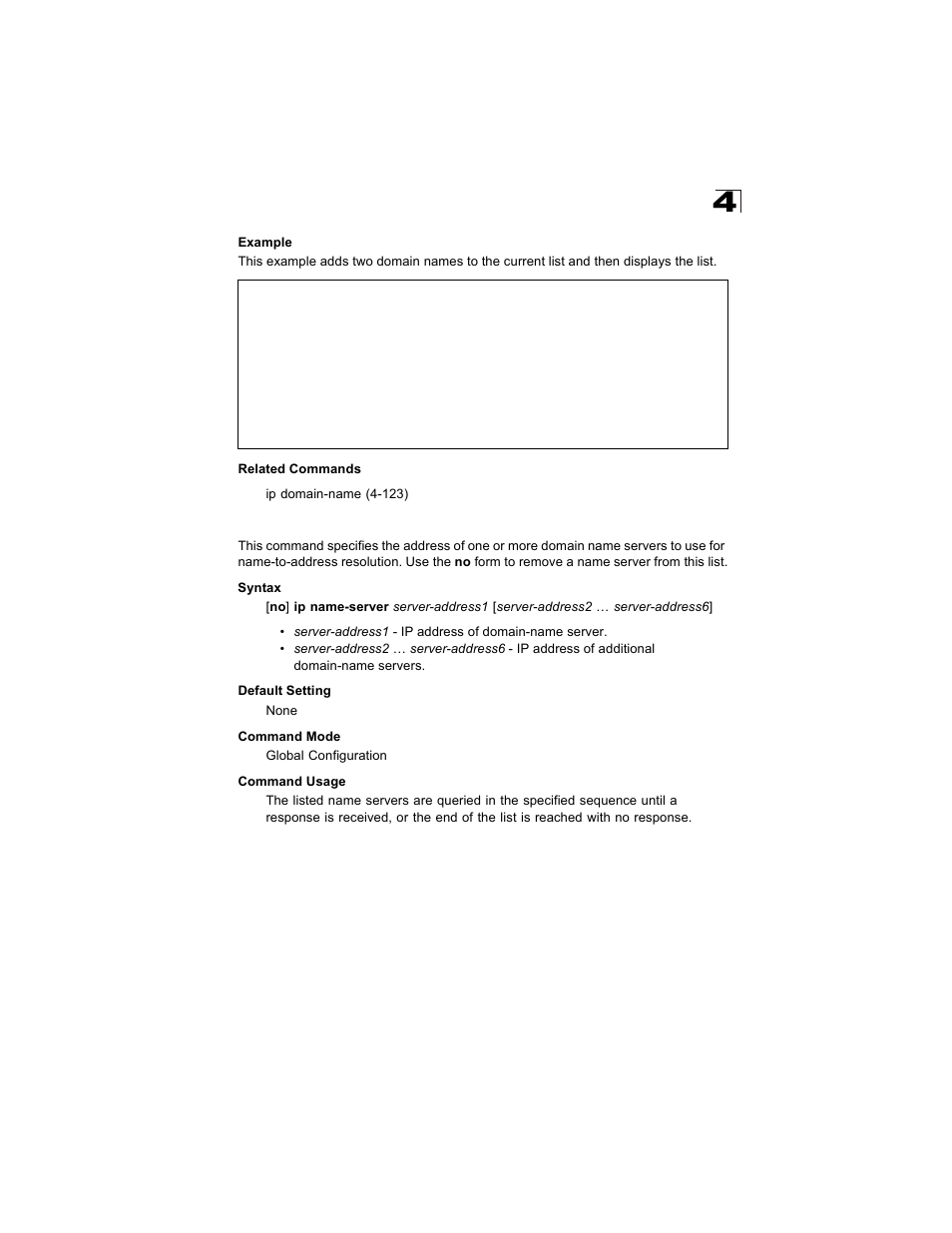 Ip name-server, He ip name-server, Ip name-server (4-125) | Alcatel Carrier Internetworking Solutions OmniStack 6300-24 User Manual | Page 337 / 462