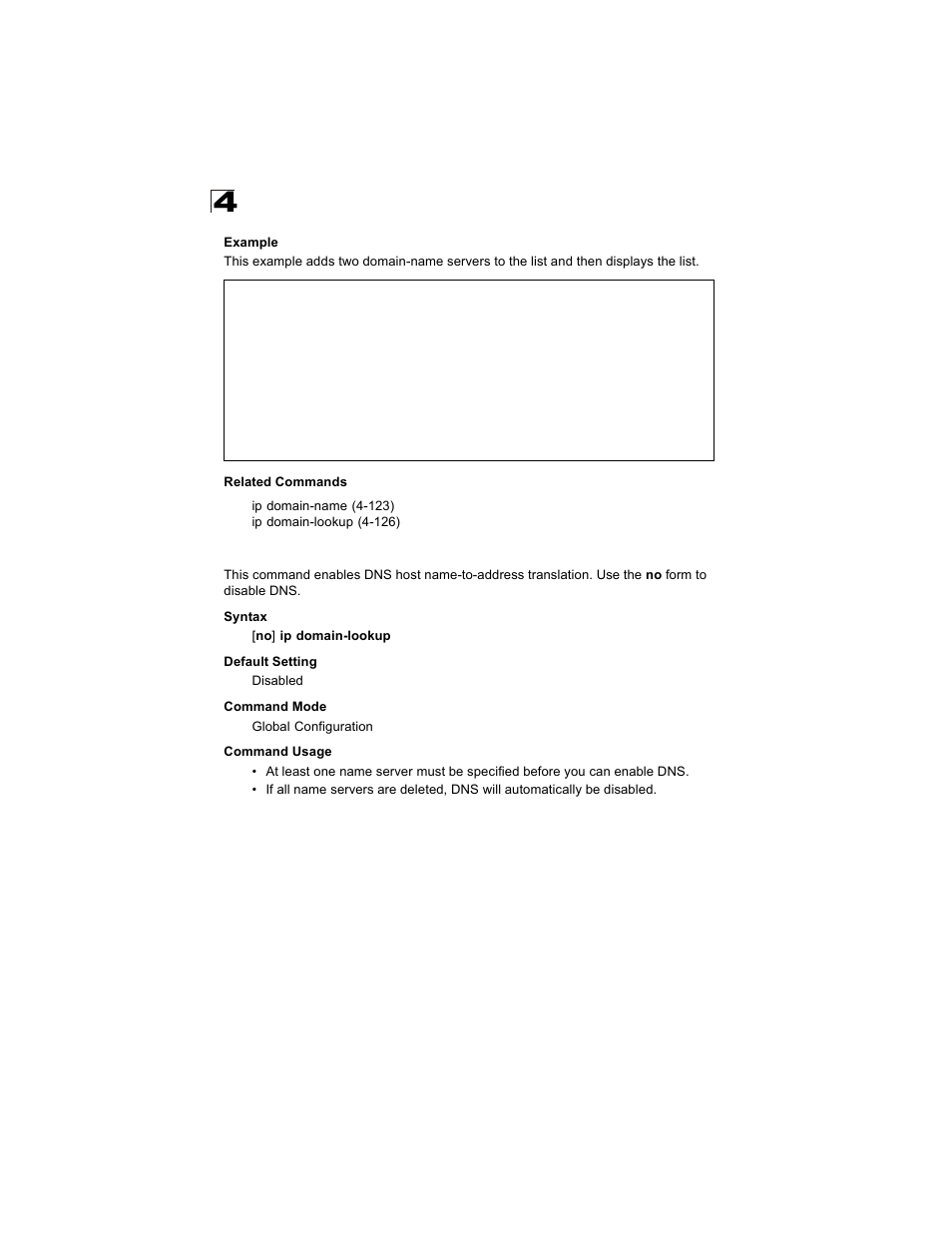 Ip domain-lookup, Ip domain-lookup co, Ip domain-lookup (4-126) | Alcatel Carrier Internetworking Solutions OmniStack 6300-24 User Manual | Page 338 / 462