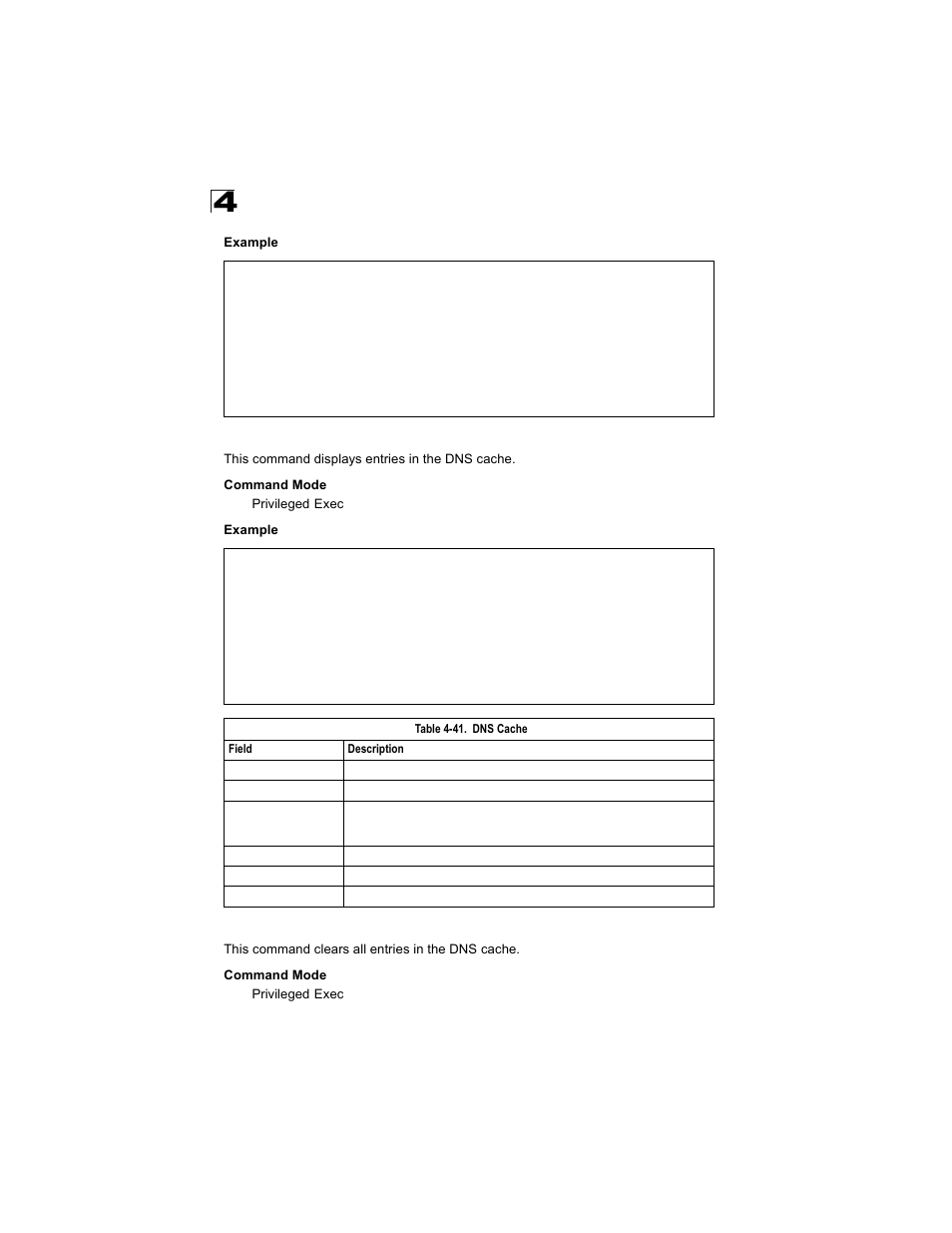 Show dns cache, Clear dns cache, Table 4-41 | Dns cache | Alcatel Carrier Internetworking Solutions OmniStack 6300-24 User Manual | Page 340 / 462