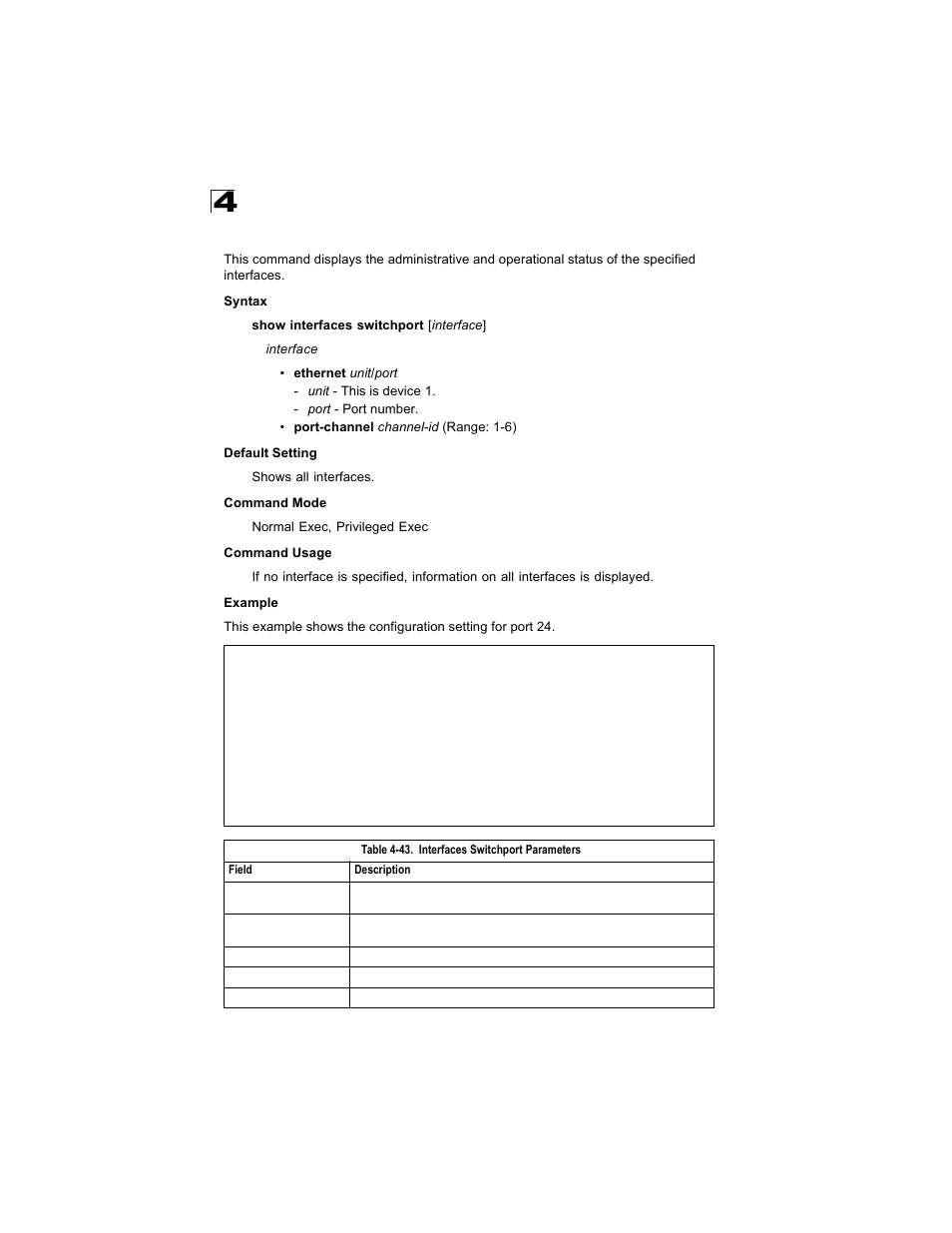 Show interfaces switchport, Table 4-43, Interfaces switchport parameters | Alcatel Carrier Internetworking Solutions OmniStack 6300-24 User Manual | Page 352 / 462