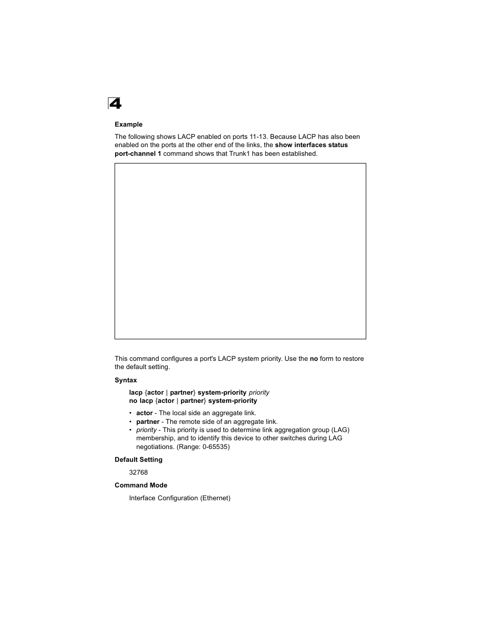 Lacp system-priority | Alcatel Carrier Internetworking Solutions OmniStack 6300-24 User Manual | Page 362 / 462
