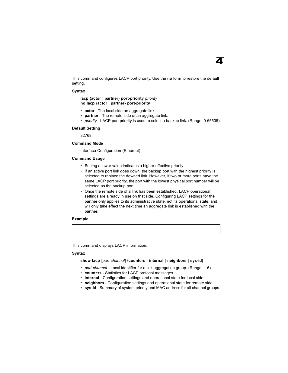 Lacp port-priority, Show lacp | Alcatel Carrier Internetworking Solutions OmniStack 6300-24 User Manual | Page 365 / 462