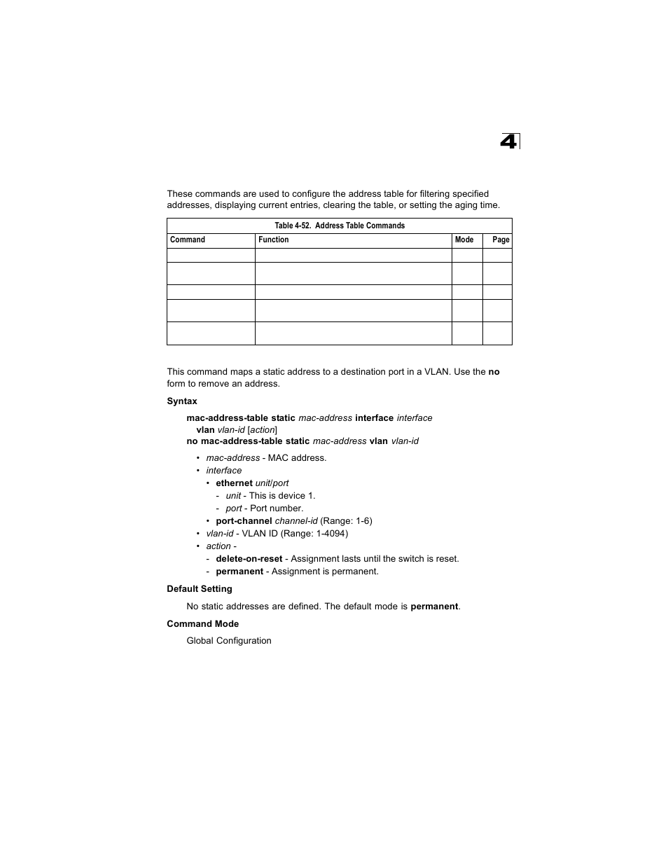 Address table commands, Mac-address-table static, Table 4-52 | He mac-address-table static, Mac-address-table static (4-157) | Alcatel Carrier Internetworking Solutions OmniStack 6300-24 User Manual | Page 369 / 462