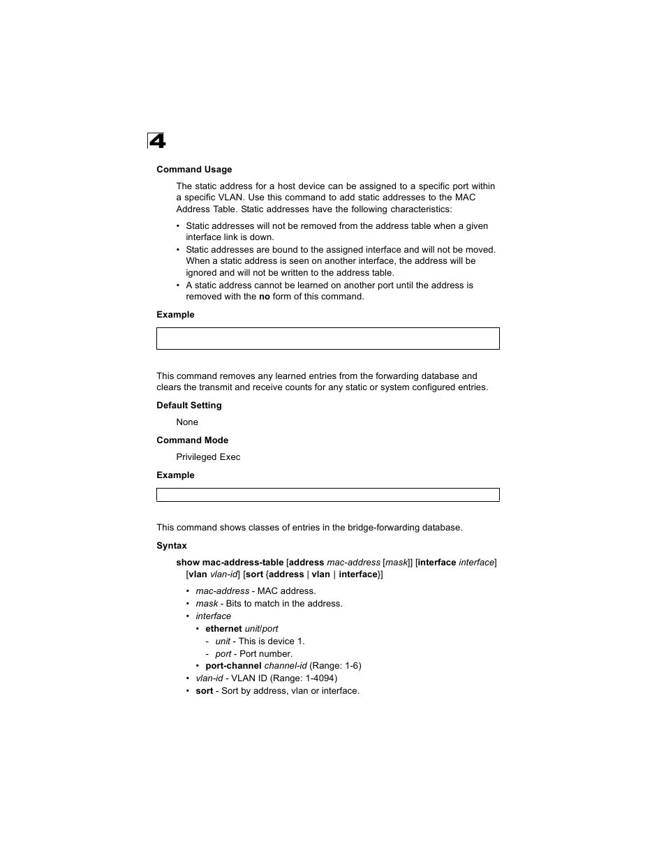 Clear mac-address-table dynamic, Show mac-address-table, Show mac-address-table (4-158) | Alcatel Carrier Internetworking Solutions OmniStack 6300-24 User Manual | Page 370 / 462