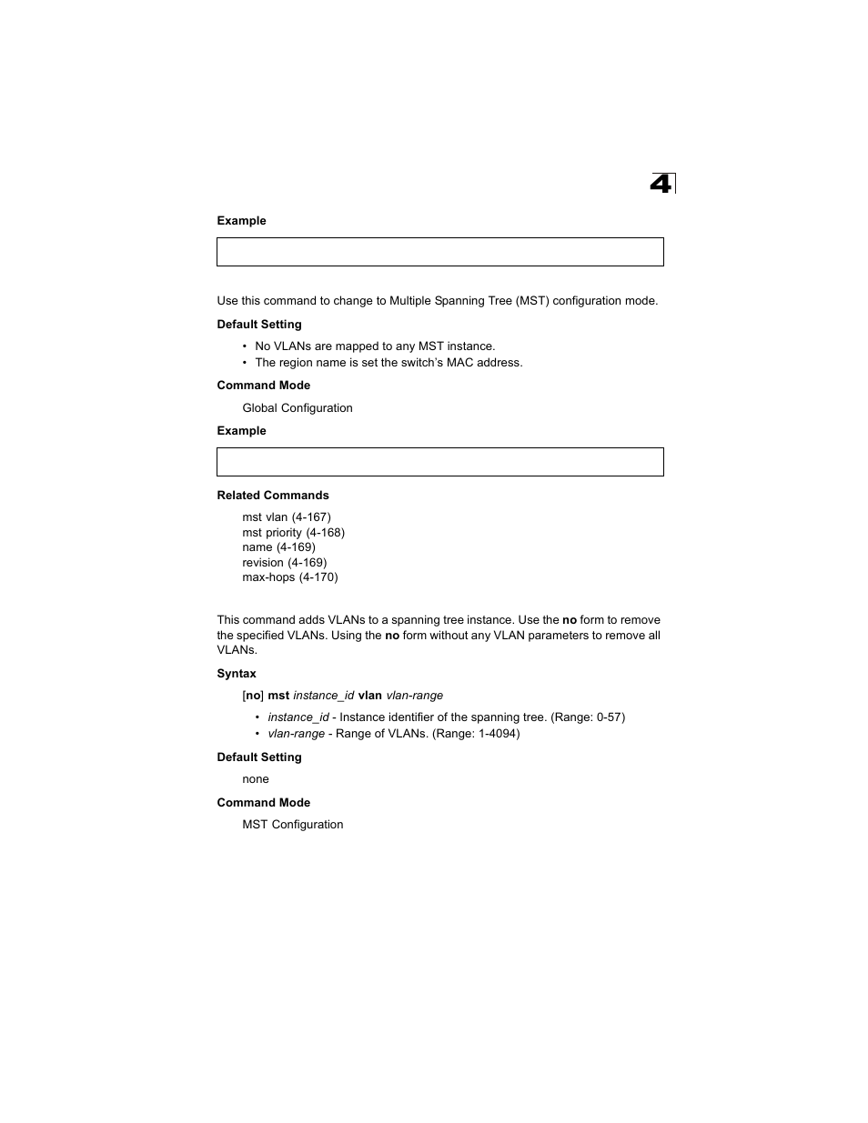 Spanning-tree mst-configuration, Mst vlan | Alcatel Carrier Internetworking Solutions OmniStack 6300-24 User Manual | Page 379 / 462