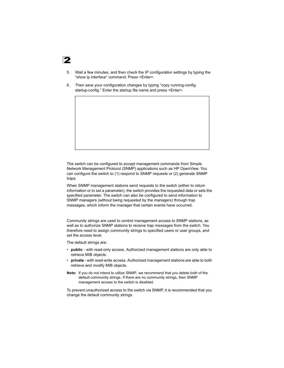 Enabling snmp management access, Community strings | Alcatel Carrier Internetworking Solutions OmniStack 6300-24 User Manual | Page 38 / 462