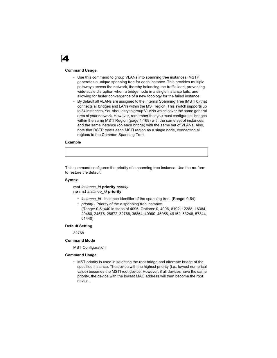 Mst priority, Mst priority (4-168) | Alcatel Carrier Internetworking Solutions OmniStack 6300-24 User Manual | Page 380 / 462