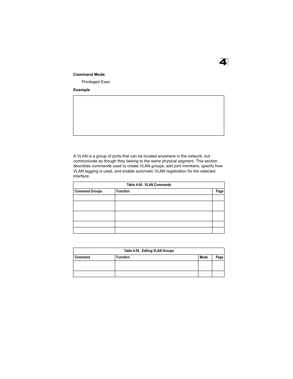 Vlan commands, Editing vlan groups, Table 4-54 | Table 4-55 | Alcatel Carrier Internetworking Solutions OmniStack 6300-24 User Manual | Page 391 / 462