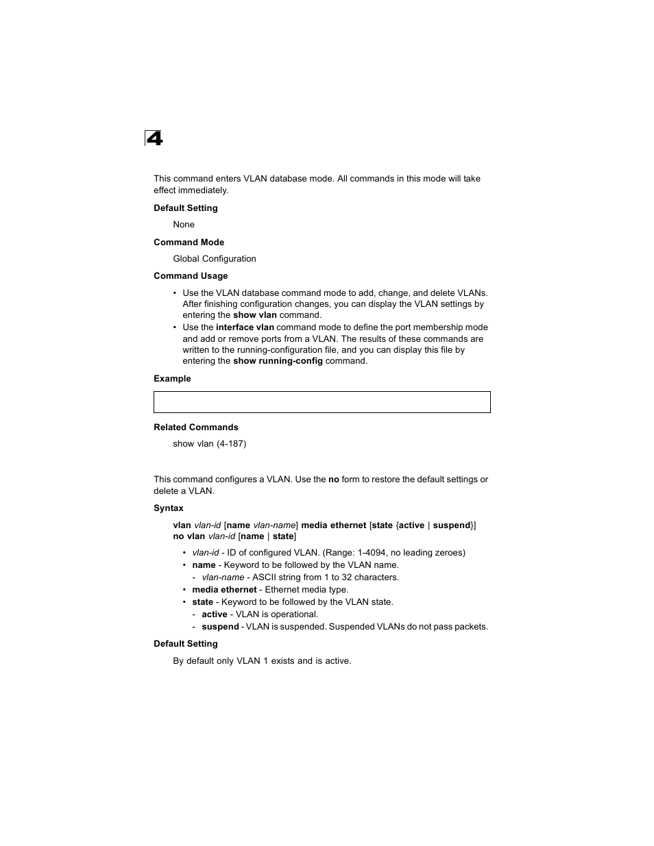 Vlan database, Vlan, Vlan 4-180 | Alcatel Carrier Internetworking Solutions OmniStack 6300-24 User Manual | Page 392 / 462