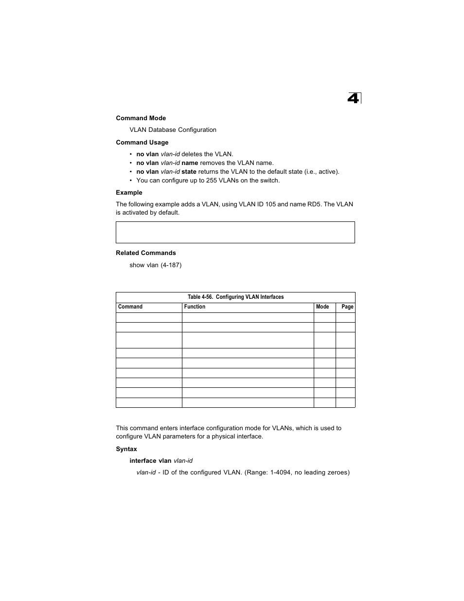 Configuring vlan interfaces, Interface vlan, Table 4-56 | Alcatel Carrier Internetworking Solutions OmniStack 6300-24 User Manual | Page 393 / 462