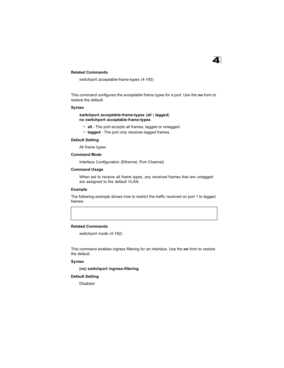Switchport acceptable-frame-types, Switchport ingress-filtering | Alcatel Carrier Internetworking Solutions OmniStack 6300-24 User Manual | Page 395 / 462
