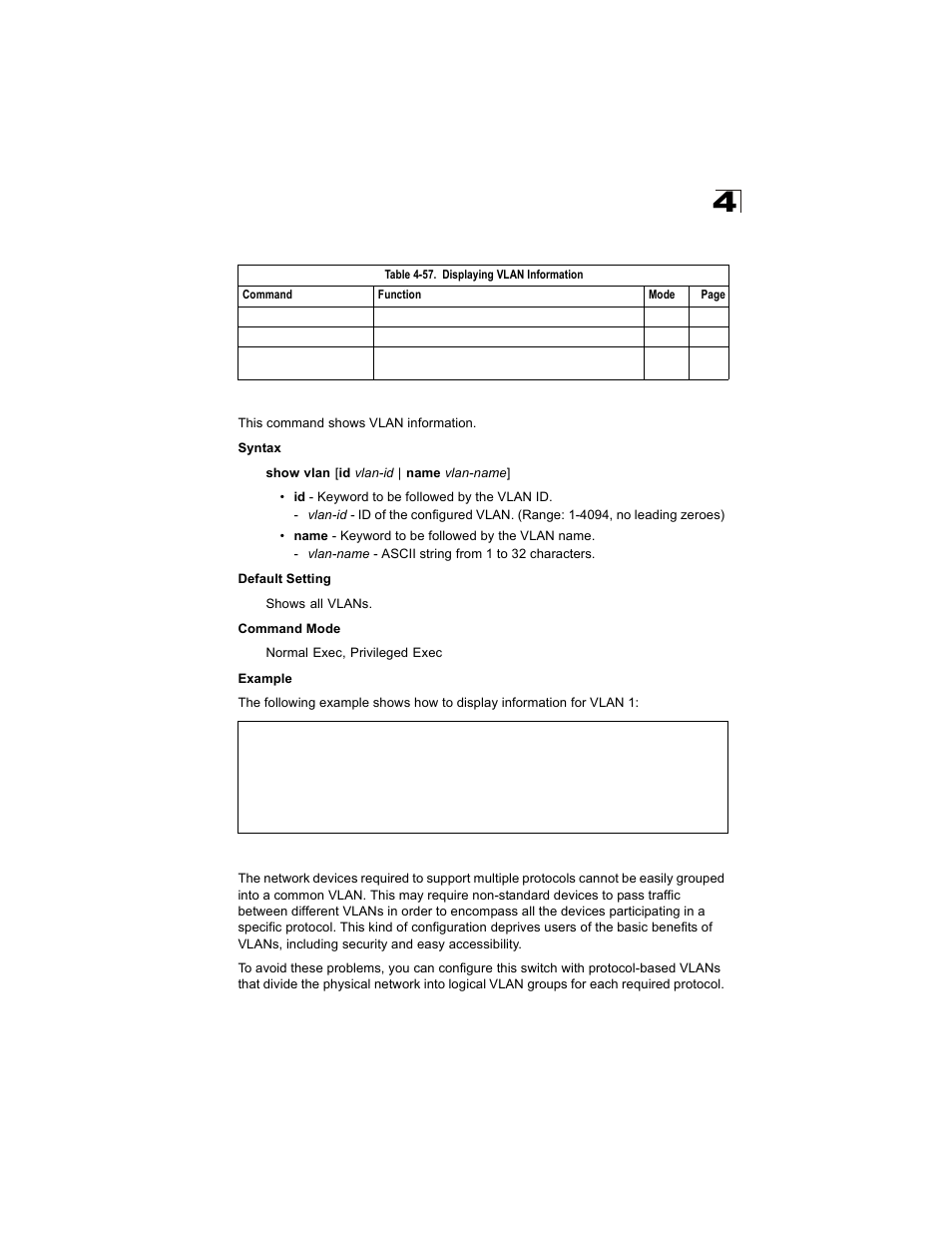 Displaying vlan information, Show vlan, Configuring protocol-based vlans | Table 4-57, Show vlan (4-187) | Alcatel Carrier Internetworking Solutions OmniStack 6300-24 User Manual | Page 399 / 462