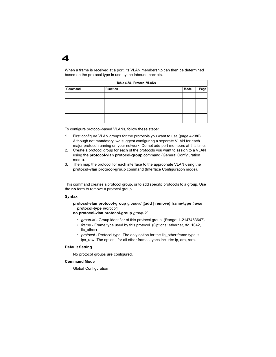 Protocol-vlan protocol-group (configuring groups), Table 4-58, Protocol vlans | Alcatel Carrier Internetworking Solutions OmniStack 6300-24 User Manual | Page 400 / 462