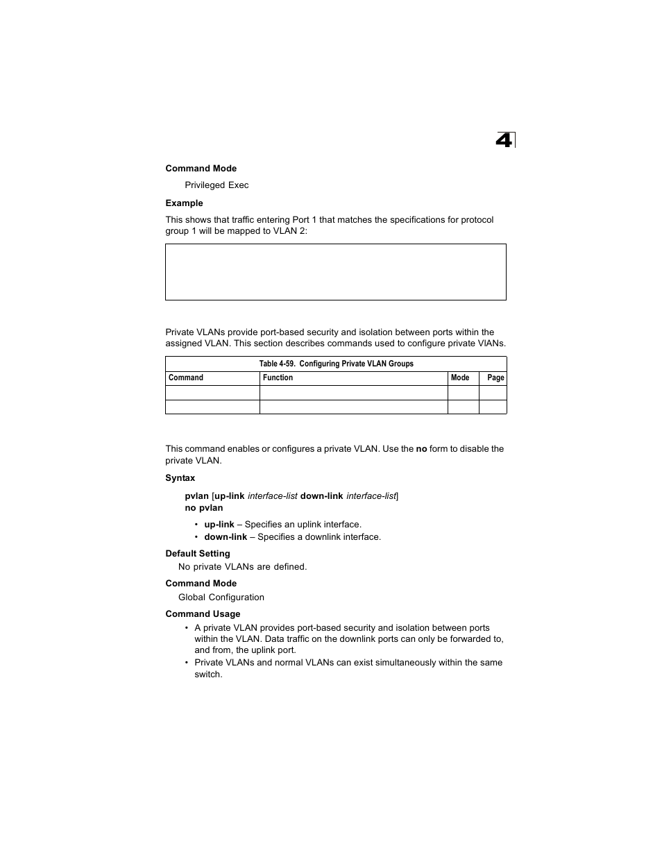 Configuring private vlans, Pvlan, Pvlan 4-191 | Table 4-59, Configuring private vlan groups | Alcatel Carrier Internetworking Solutions OmniStack 6300-24 User Manual | Page 403 / 462